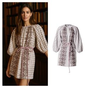 SILVIA TCHERASSI Buffa dress mini plaid large puff sleeve belt embroidered NWT